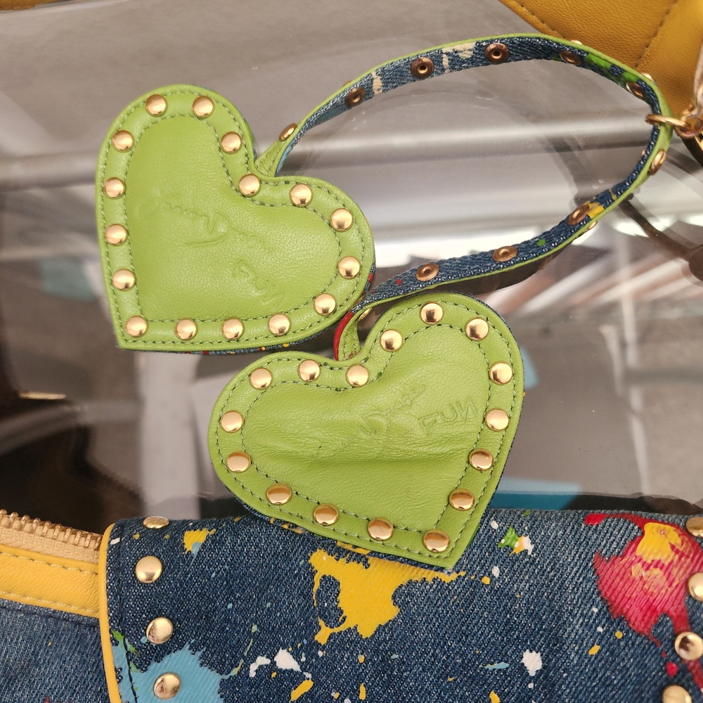 Junior Drake Y2K Paint Splatter Denim Shoulder Bag Heart Charms - Picture 3 of 10